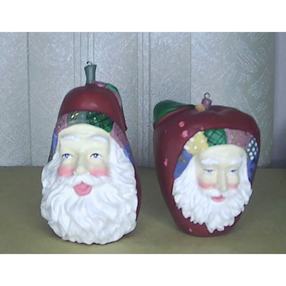 Pair of Santa Fruit Head Ornaments Christmas Apple Pear 3-4"
